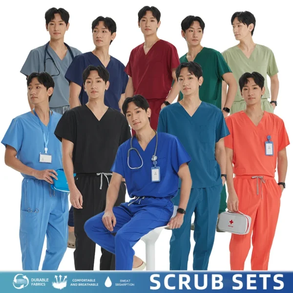 Unisex Medical Uniforms V-neck Top Jogger Pants Scrub Set Stretch Surgical Workwear Dentist Vet Nursing Suit Doctor Outfit S21 - Image 2